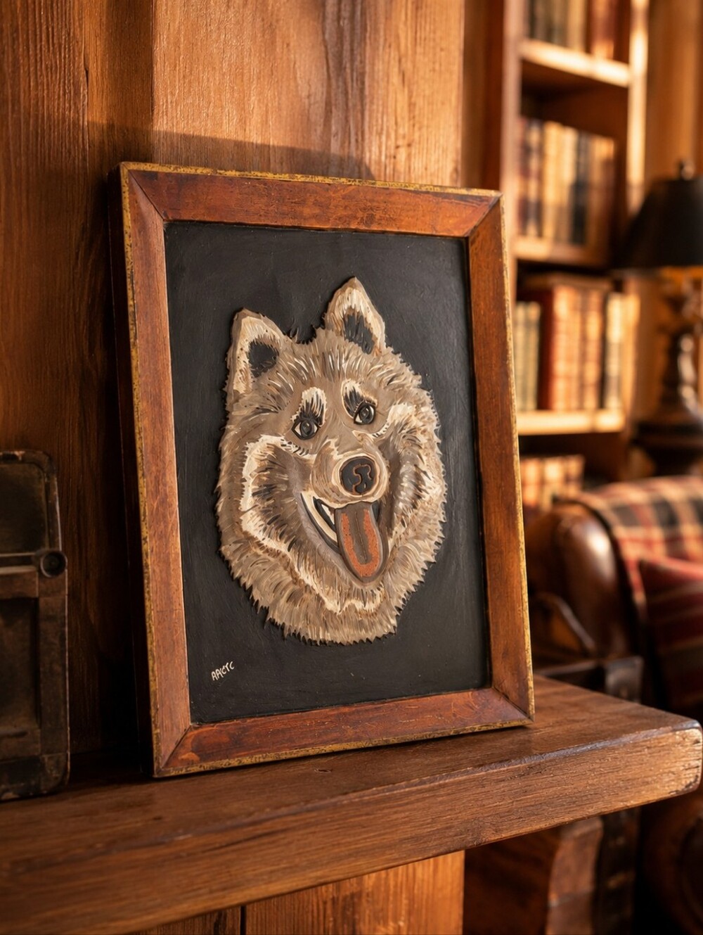 Vintage Alaska Native Carved Soapstone Sled Dog Wall Art Signed